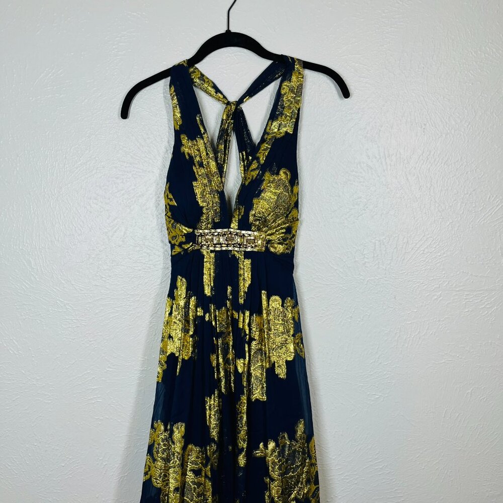 Xscape Silk Navy Blue and Gold Metallic Maxi Evening Gown - Picture 2 of 12